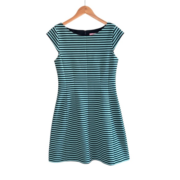 LILLY PULITZER Brielle Navy & Teal Stripe Dress M Fit & Flare Preppy - Picture 2 of 12